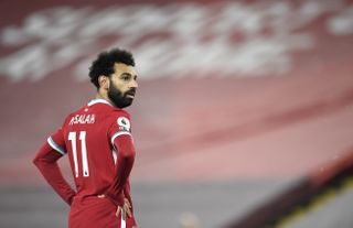Liverpool’s Mohamed Salah reacts during the Premier League match at Anfield, Liverpool