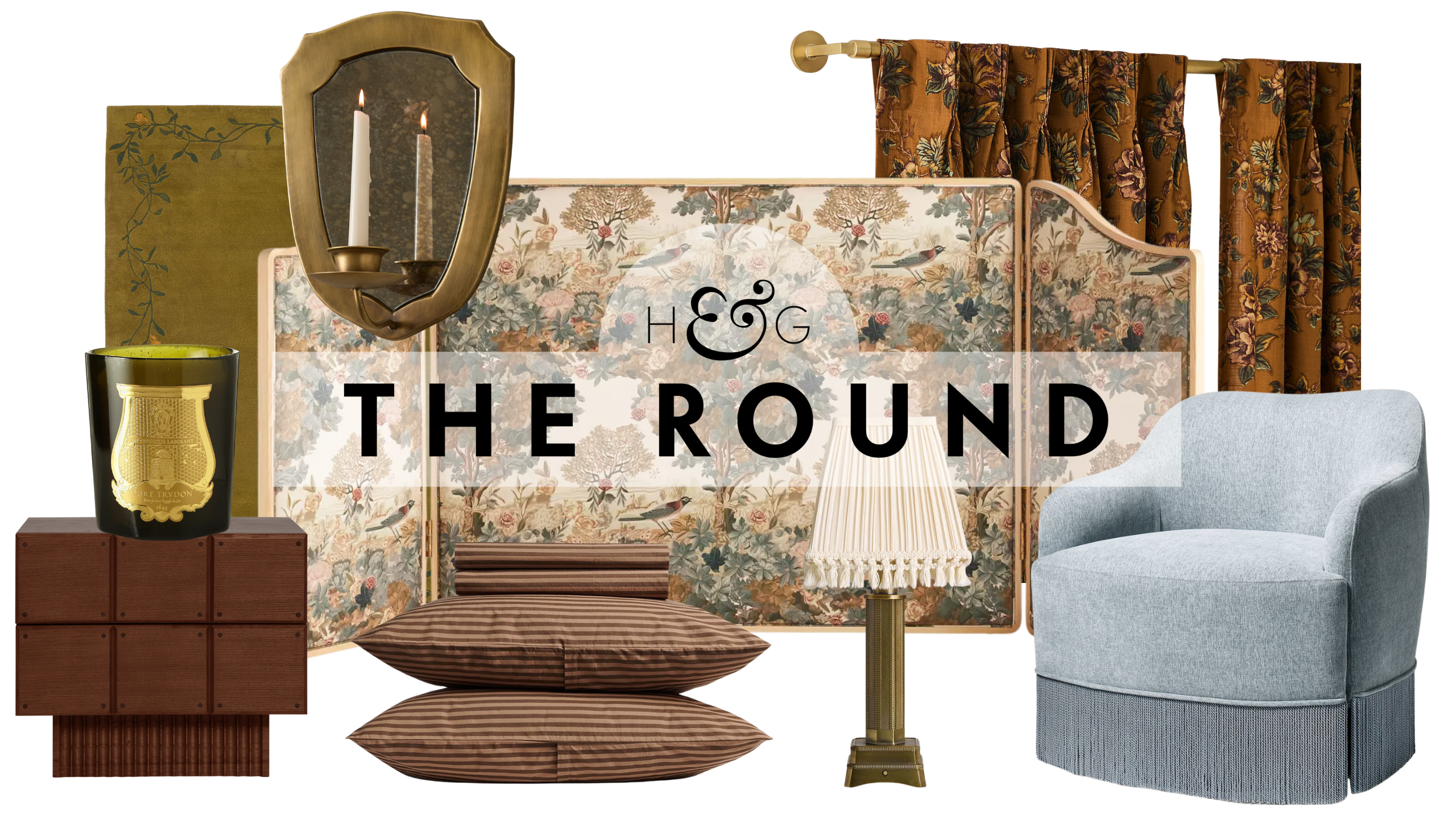 Fall bedroom decor, including a geometric nightstand, Trudon candle, green rug, mirrored candle sconce, striped bed sheets, tapestry paneled headboard, table lamp, fringe swivel chair, and curtains