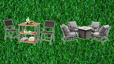 Two patio dining sets on a grassy background