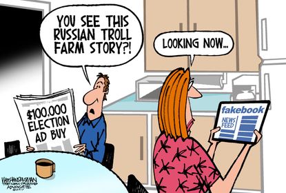 Political cartoon U.S. Russia Facebook 2016 election meddling fake news