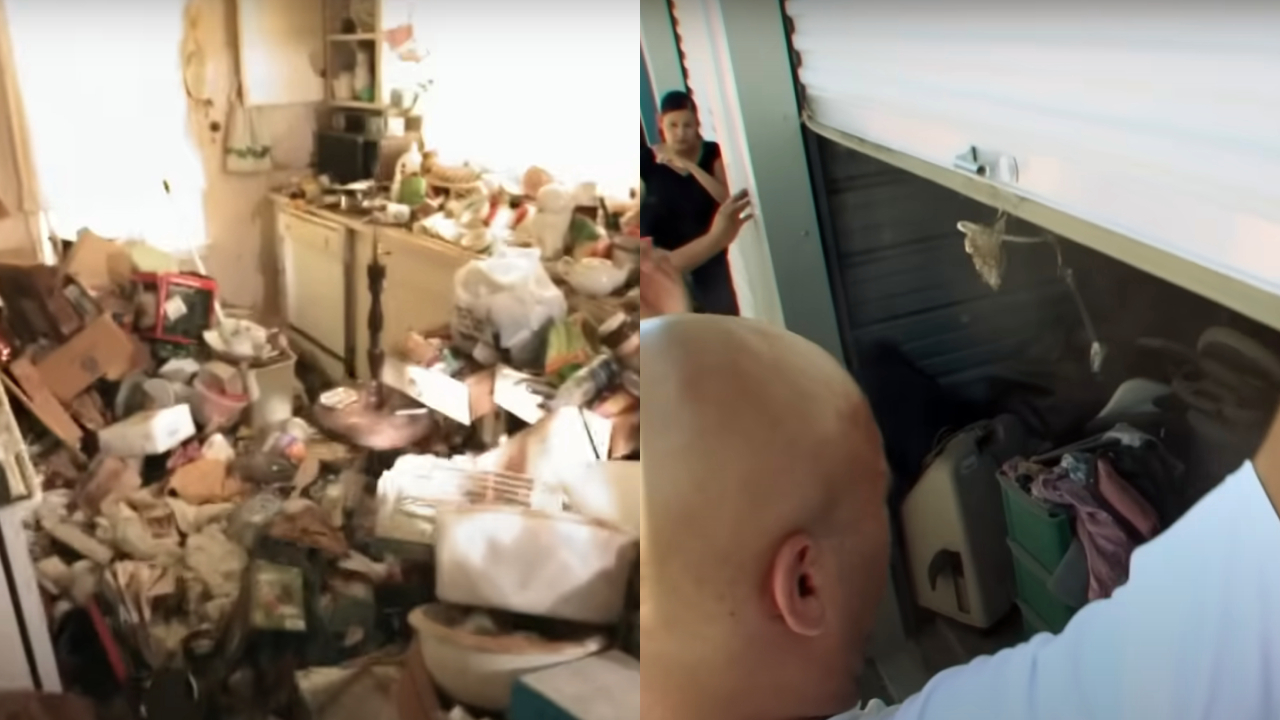 A messy kitchen from Hoarders and a storage container opening on Storage Wars
