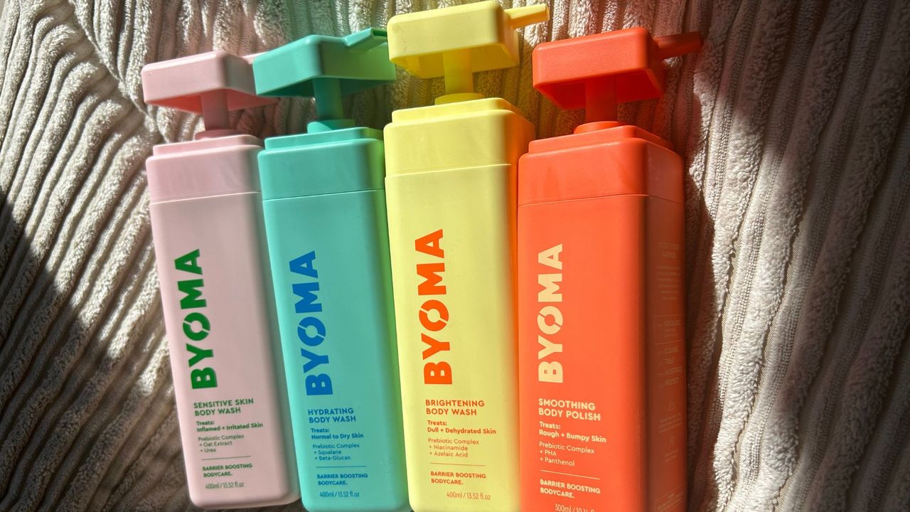 Flat lay of Byoma body wash products