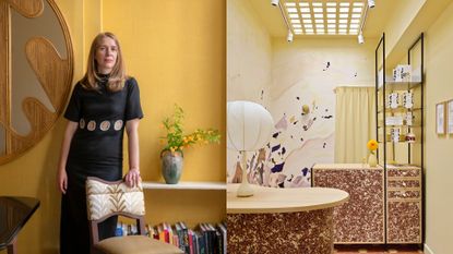 In a split image, a woman wears a dark maxi dress in a room painted in a warm hue of yellow and decorated with rattan wall decor, flowers, and books. To her right is an image of a modernly furnished boutique.