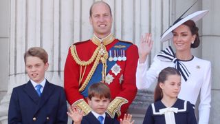 Prince George of Wales, Prince William, Prince of Wales, Prince Louis of Wales, Princess Charlotte of Wales and Catherine, Princess of Wales during Trooping the Colour at Buckingham Palace on June 15, 2024 in London