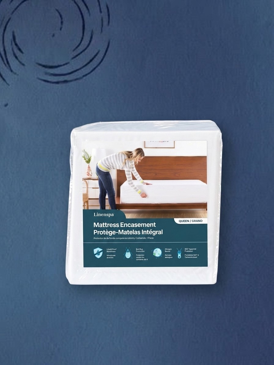 The Linenspa Waterproof Mattress Encasement in its packaging against a blue background of stars, edited by Gemini