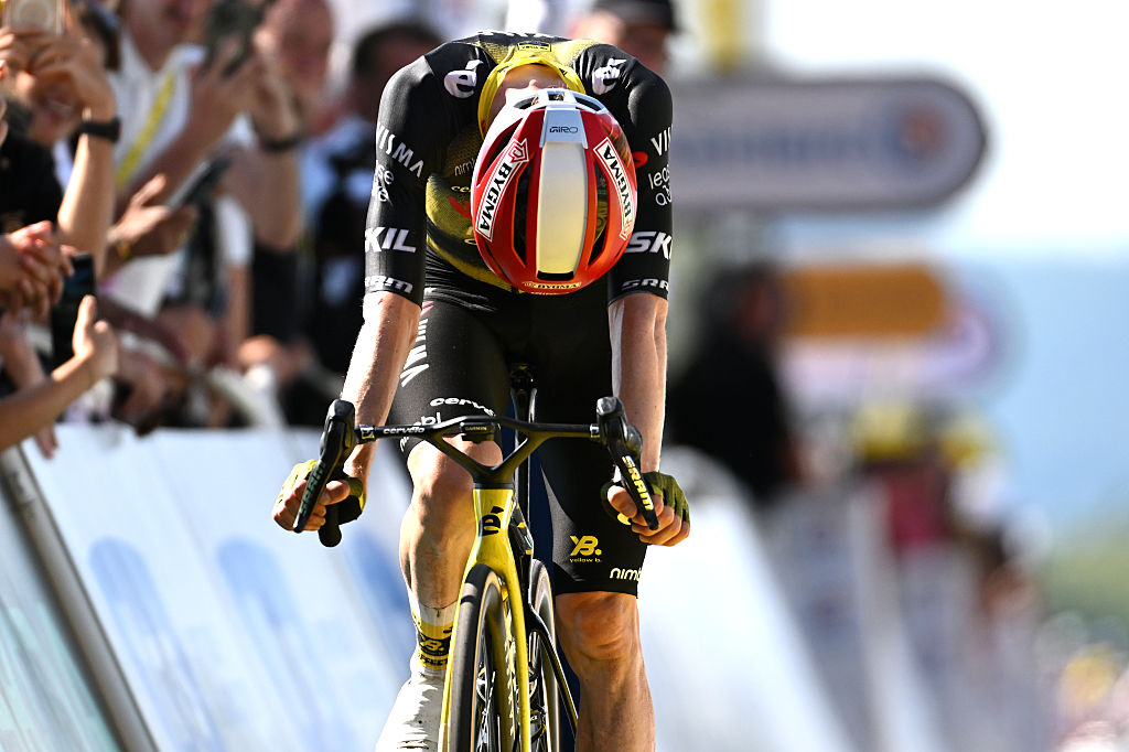 HAUTACAM, FRANCE - JULY 17: Jonas Vingegaard of Denmark and Team Visma | Lease a Bike reacts after crosses the finish line during the 112th Tour de France 2025, Stage 12 a 180.6km stage from Auch to Hautacam 1519m / #UCIWT / on July 17, 2025 in Hautacam, France. (Photo by Tim de Waele/Getty Images)