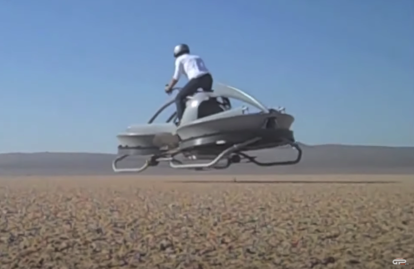 A rider tests an Aerofex aerobike in the Mojave Desert.