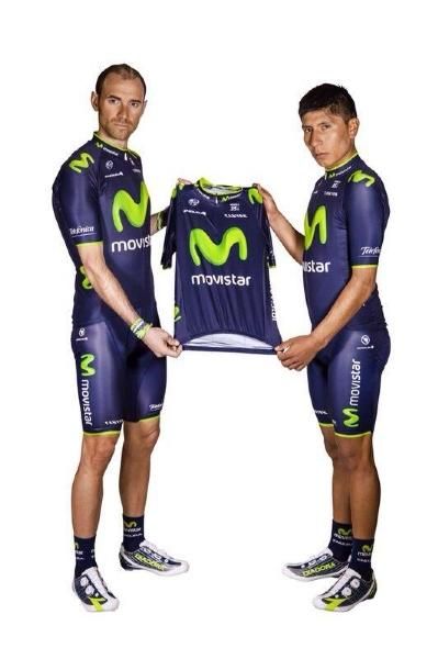 Alejandro Valverde and Nairo Quintana show off the 2014 Movistar jersey made by Endura