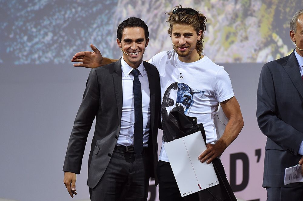 Alberto Contador and Peter Sagan enjoying themselves at the Giro presentation