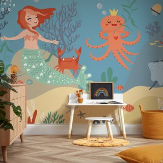 The Mermaid Princess Mural in a kids' playroom