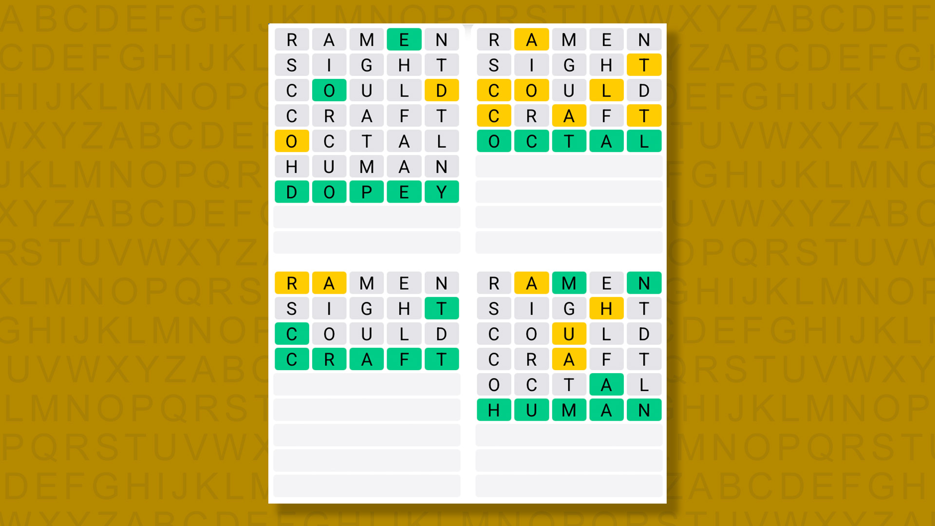 Quordle answers for game 1410 on a yellow background