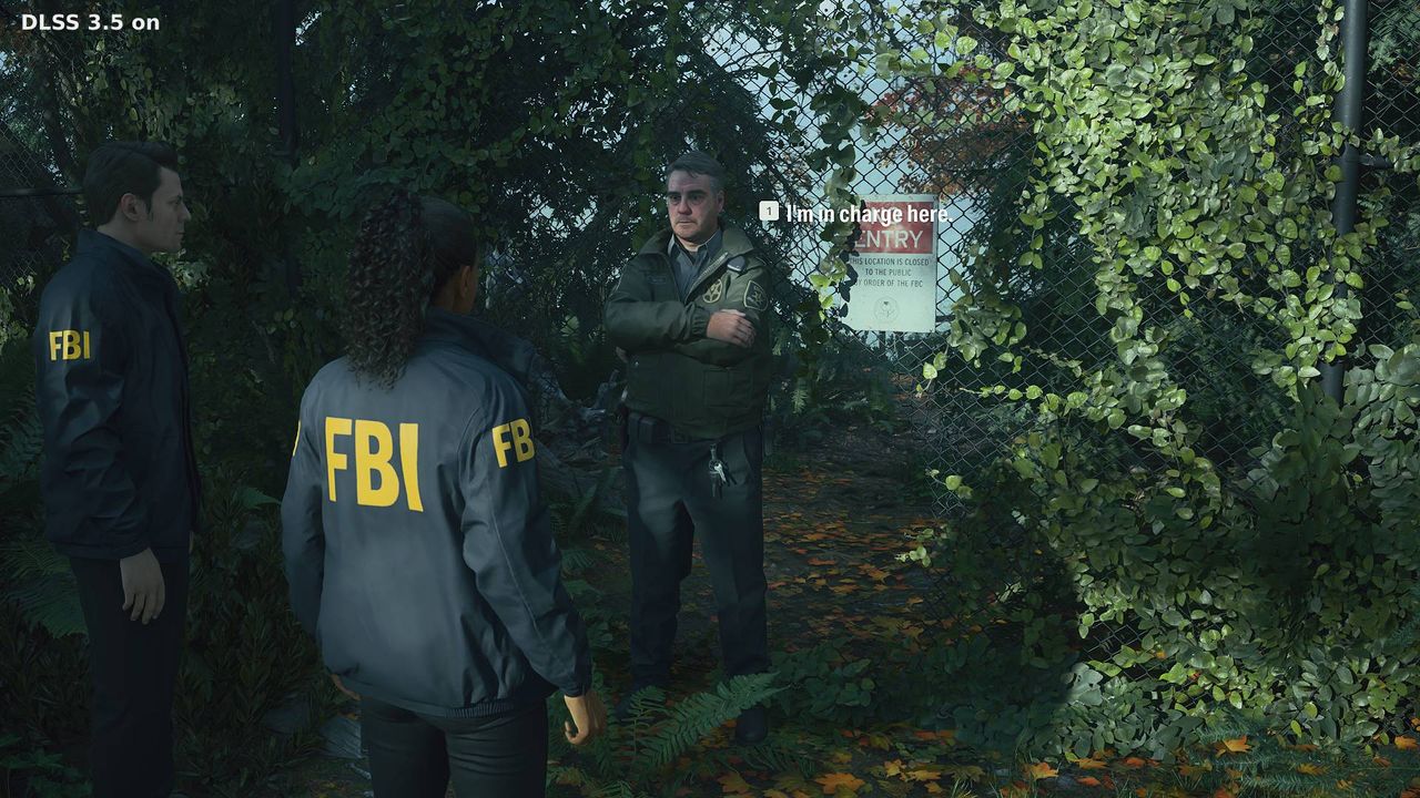 Alan Wake 2 screenshot with Ray Reconstruction on next to NPC