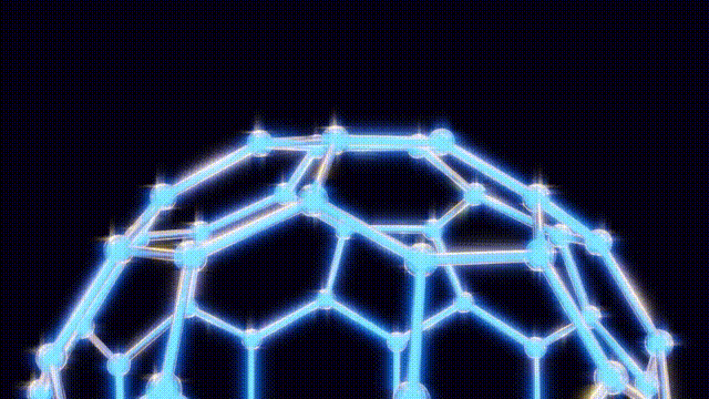 an animation of a spinning buckyball molecule