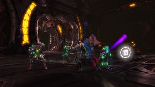 Superman and other heroes fighting the minions of Brainiac in DC Universe Online.