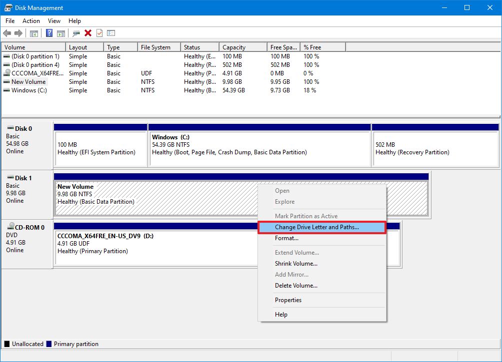 Disk Management change letter option