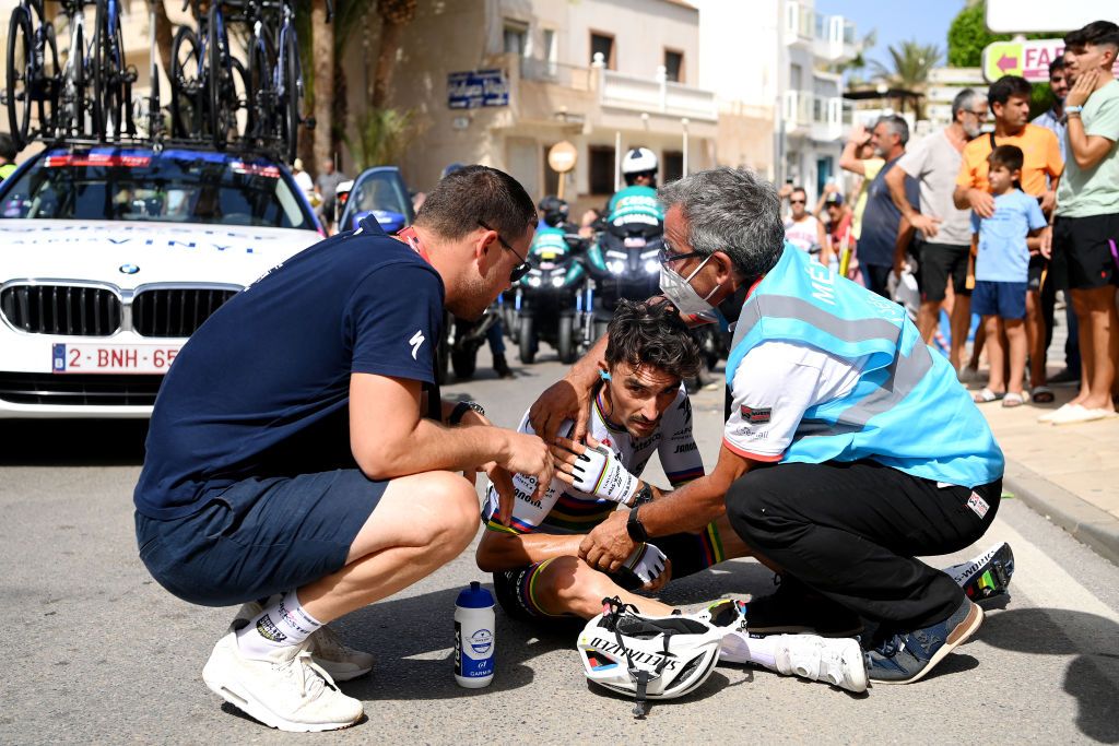 Julian Alaphilippe crashes during stage 11 at the Vuelta a Espana