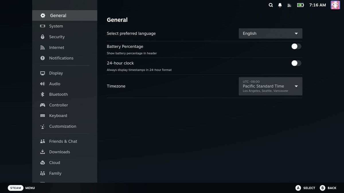 SteamOS settings menu with general tab in view