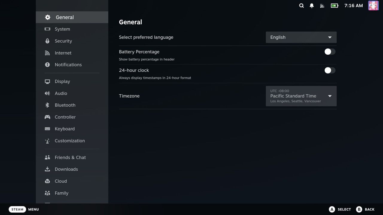 SteamOS settings menu with general tab in view