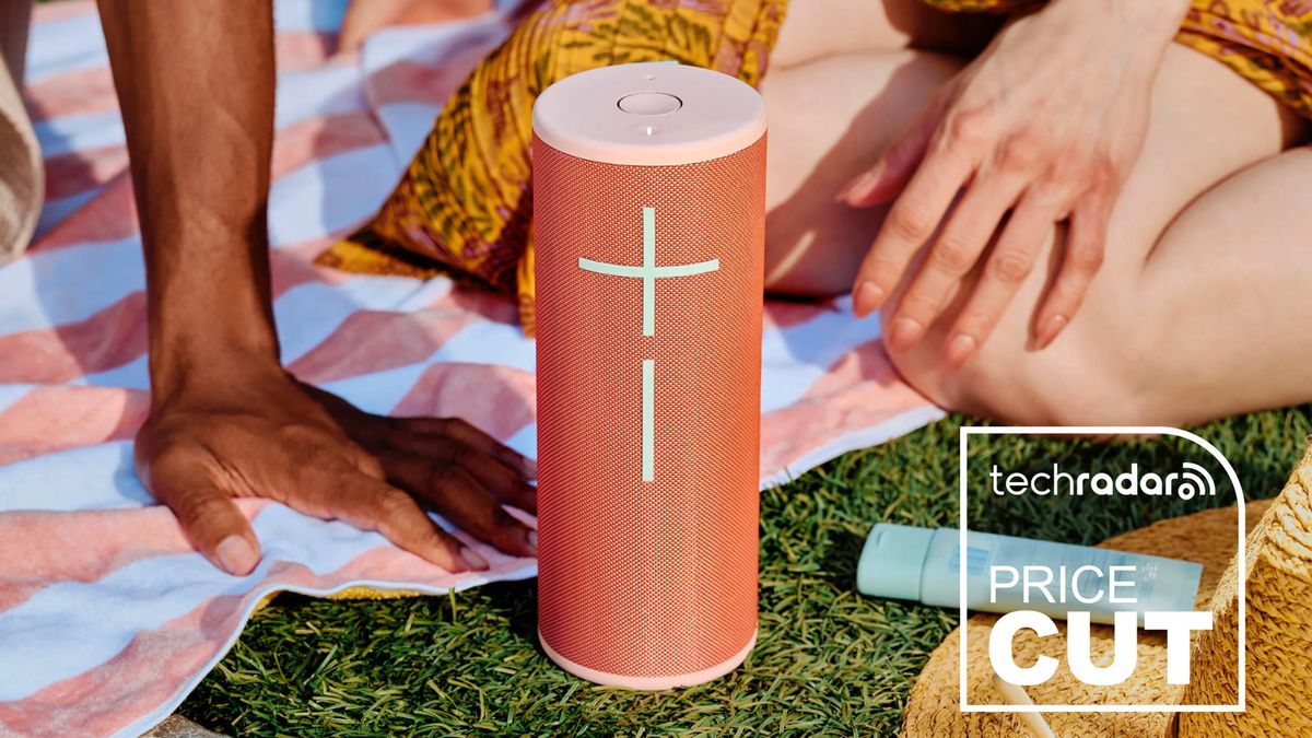 UE Megaboom 4 speaker in peach surrounded by a couple of people on some grass