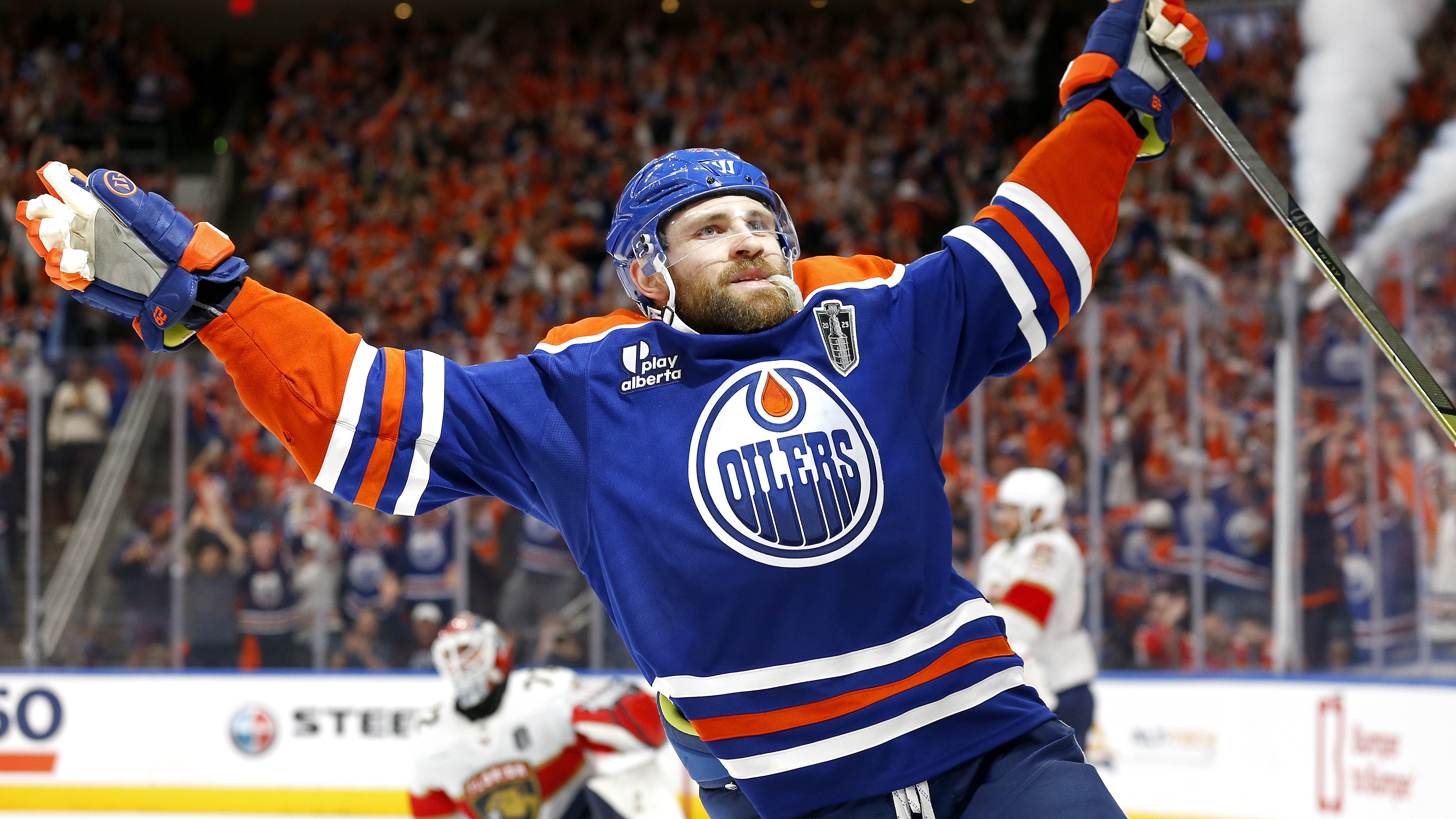  Leon Draisaitl #29 of the Edmonton Oilers celebrates after scoring the game-winning goal to beat the Florida Panthers 4-3 during overtime in Game One of the 2025 Stanley Cup Final at Rogers Place on June 04, 2025 in Edmonton, Alberta, Canada. 