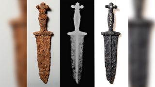 The dagger dates from the first half of the first century B.C. Similar daggers, often in ornate scabbards, were common weapons on the belts of Roman legionaries.