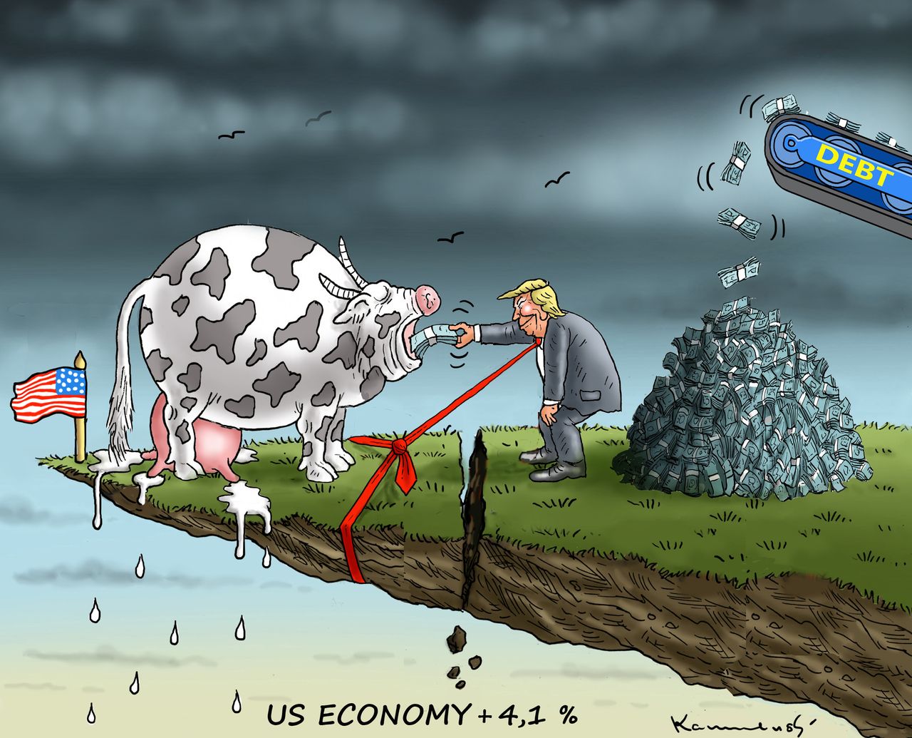 Political cartoon U.S. Trump economy debt