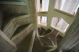 Image shows the double helix staircase inside St Elizabeth's Cathedral in Košice, Slovakia