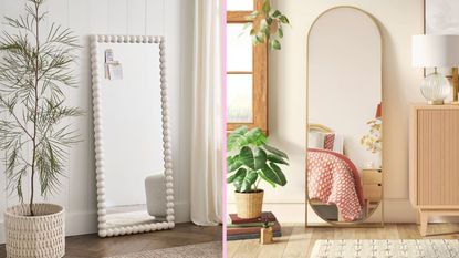 PB Teen naturalist mirror in white room with plant beside Target Threshold mirror in gold with arch in bedroom with wooden furniture