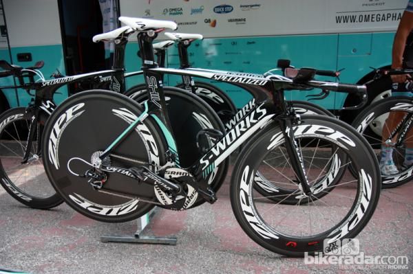 Omega Pharma-Lotto's Specialized S-Works Shiv time trial bikes.