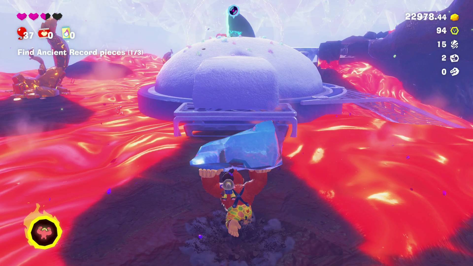 Donkey Kong Bananza zebra Bananza ancient record piece in lava pool