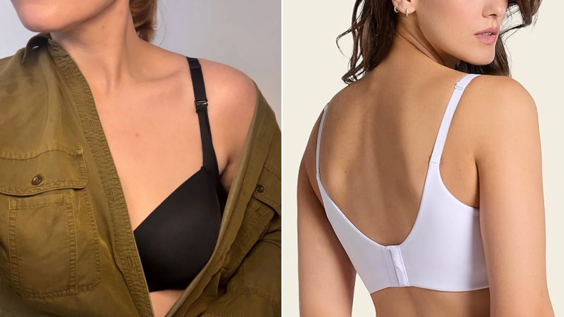 Two images of the Leonisa Back Smoothing Bra with Full Coverage Cups on Matilda Stanley and a model