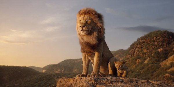 The Lion King Mufasa and baby Simba on cliff