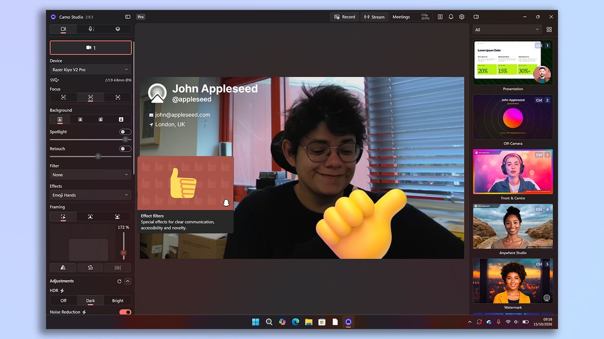 A screenshot of the Razer Kiyo V2 Pro's companion software
