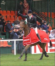 Mary King celebrates after winning the FEI World Cup Qualifier at Chatsworth 2007