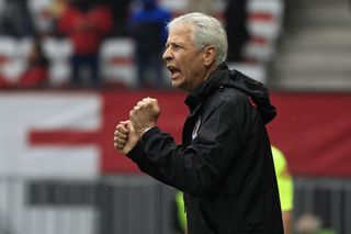 Nice's Swiss head coach Lucien Favre reacts during the French L1 football match between OGC Nice and ES Troyes AC (ESTAC) at the Allianz Riviera Stadium in Nice, south-eastern France, on October 9, 2022.