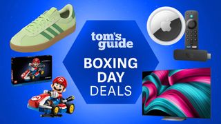 Compilation showing Adidas sneaker, Lego set, Apple AirTag, Fire TV Stick, LG OLED TV