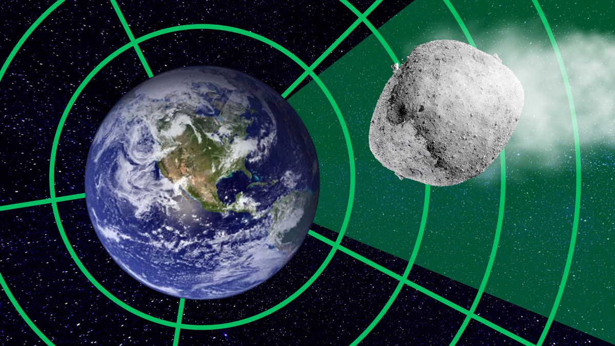 An illustration shows radar spotting an asteroid as it approaches Earth