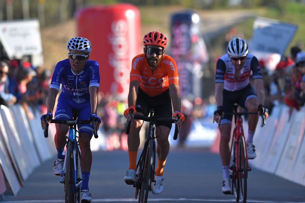 ALTO DO MALHO LOUL PORTUGAL FEBRUARY 22 Arrival Amaro Antunes of Portugal and Team W52 Fc Porto Simon Geschke of Germany and CCC Team Bauke Mollema of The Netherlands and Team Trek Segafredo during the 46th Volta ao Algarve 2020 Stage 4 a 1697km stage from Albufeira to Alto do Malho 518m Loul VAlgarve2020 on February 22 2020 in Alto do Malho Loul Portugal Photo by Tim de WaeleGetty Images