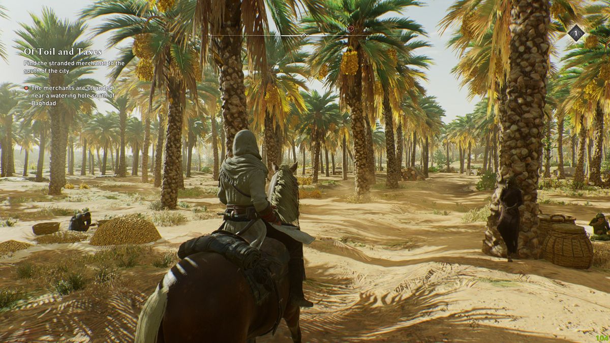 assassin&#039;s creed mirage - Basim is sat on a horse, looking towards some palm trees