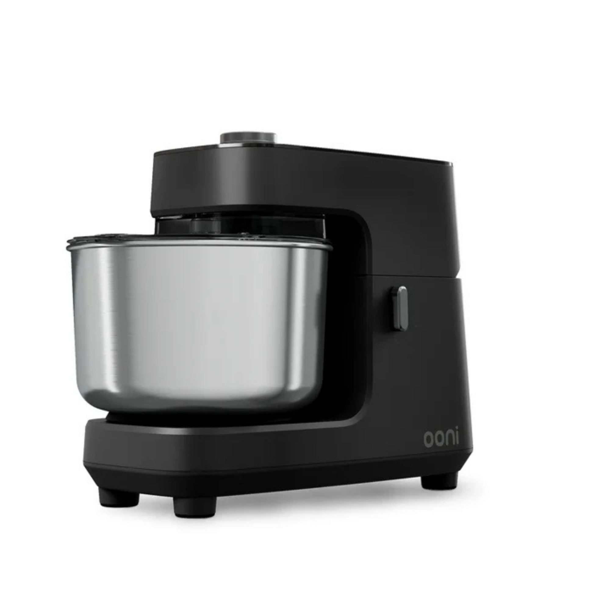 A black Ooni Halo Core Spiral Mixer with a stainless steel bowl