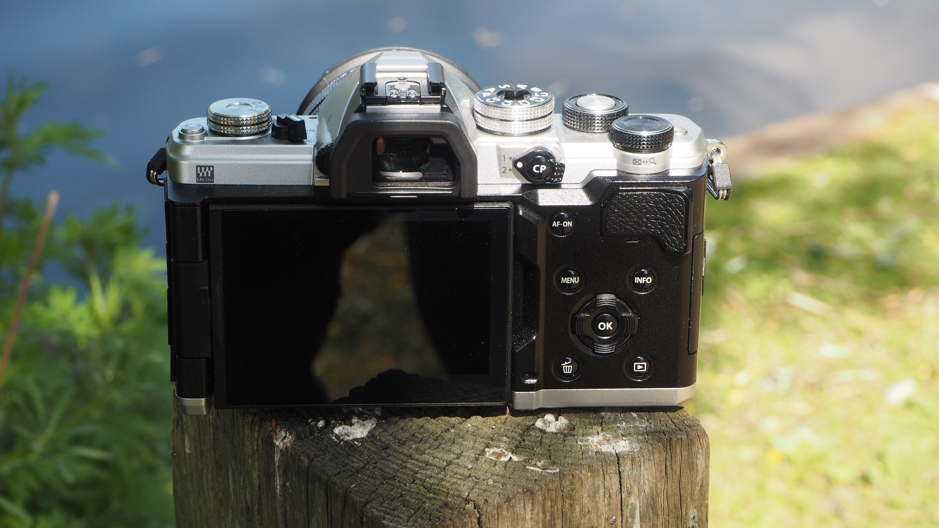 back view of the OM System OM-3 on a wooden post next to a pond