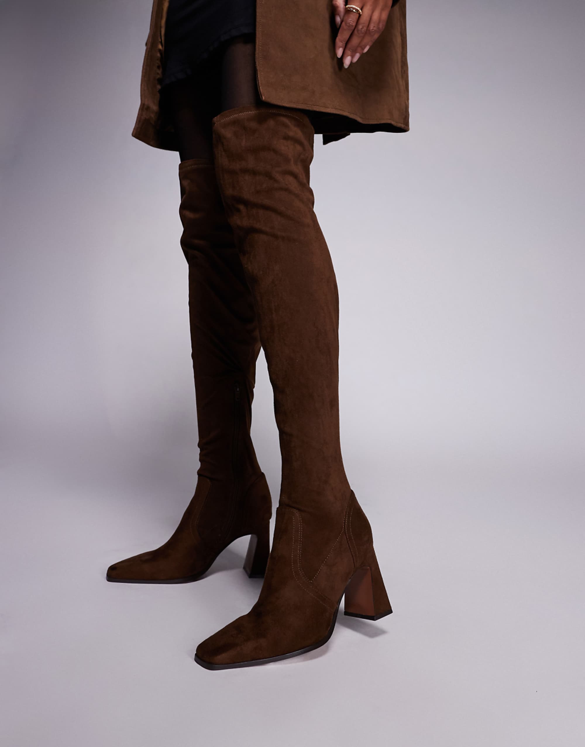 Asos Design Kira Chisel Toe Over the Knee Boots in Chocolate Suedette