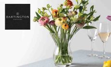 Dartington Crystal Logo placed over an image of flowers in vase and wine glasses