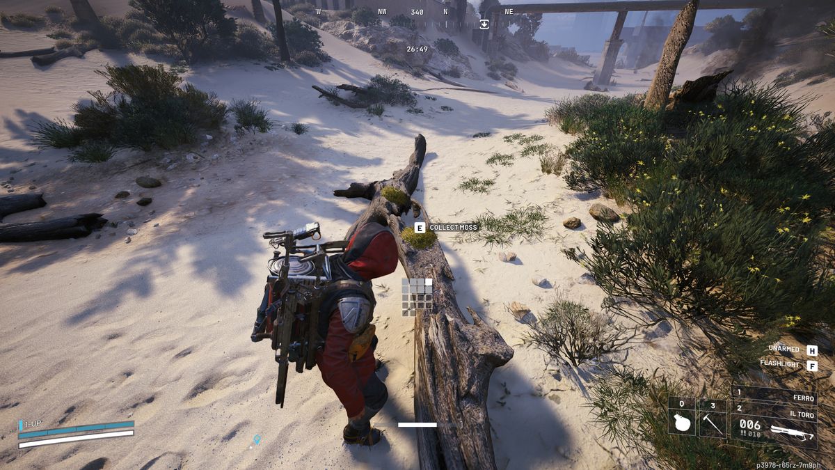 Arc Raides Moss location: A player looking at a log with moss balls on it in the Dried Riverbed area of Riven Tides.