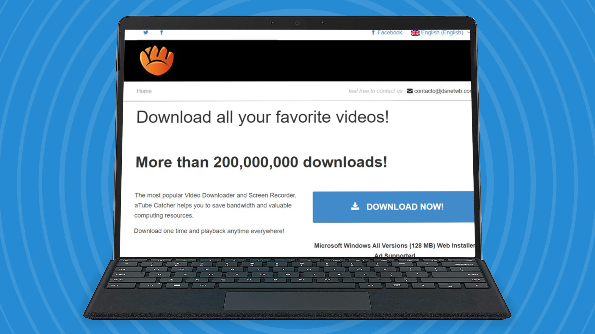 A screenshot from aTube Catcher on a laptop screen, on a blue background