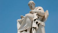Aristotle (384-322 BC), Classical Greek Philosopher, A student of Plato and teacher of Alexander the Great, Statue of Aristotle at the Athens Academy, Athens, Central Greece, Attica, Europe.