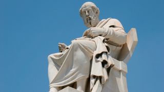 Aristotle (384-322 BC), Classical Greek Philosopher, A student of Plato and teacher of Alexander the Great, Statue of Aristotle at the Athens Academy, Athens, Central Greece, Attica, Europe.