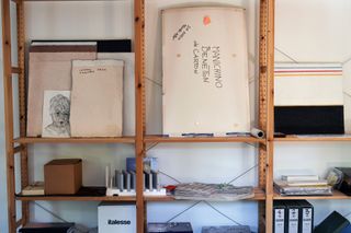 Shelves with sketches at Tobia Scarpa's studio