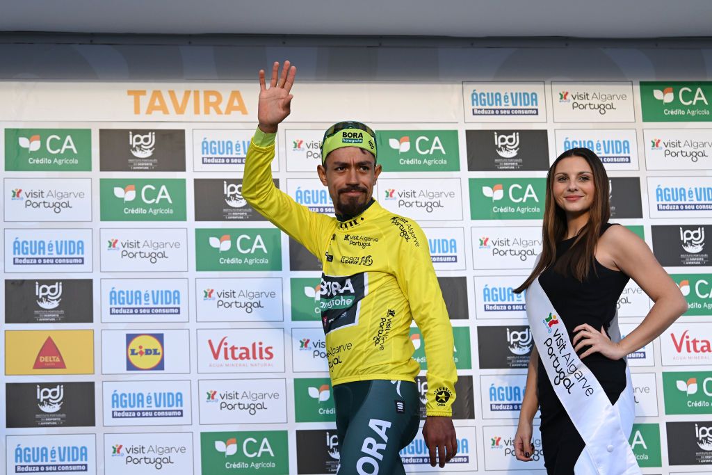 TAVIRA PORTUGAL FEBRUARY 16 Daniel Felipe Martinez of Colombia and Team BORA hansgrohe Yellow leader jersey celebrates at podium during the 50th Volta ao Algarve em Bicicleta 2024 Stage 3 a 1922km stage from Vila Real de Santo Antonio to Tavira on February 16 2024 in Tavira Portugal Photo by Dario BelingheriGetty Images
