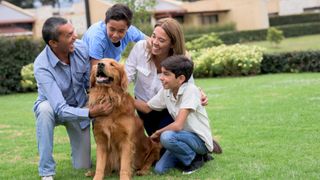 A happy family pets their beautiful retriever dog in their yard